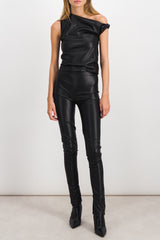 Vegan leather long slim pants with slit