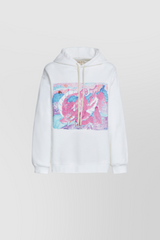 White drawstring hoodie with dragon print